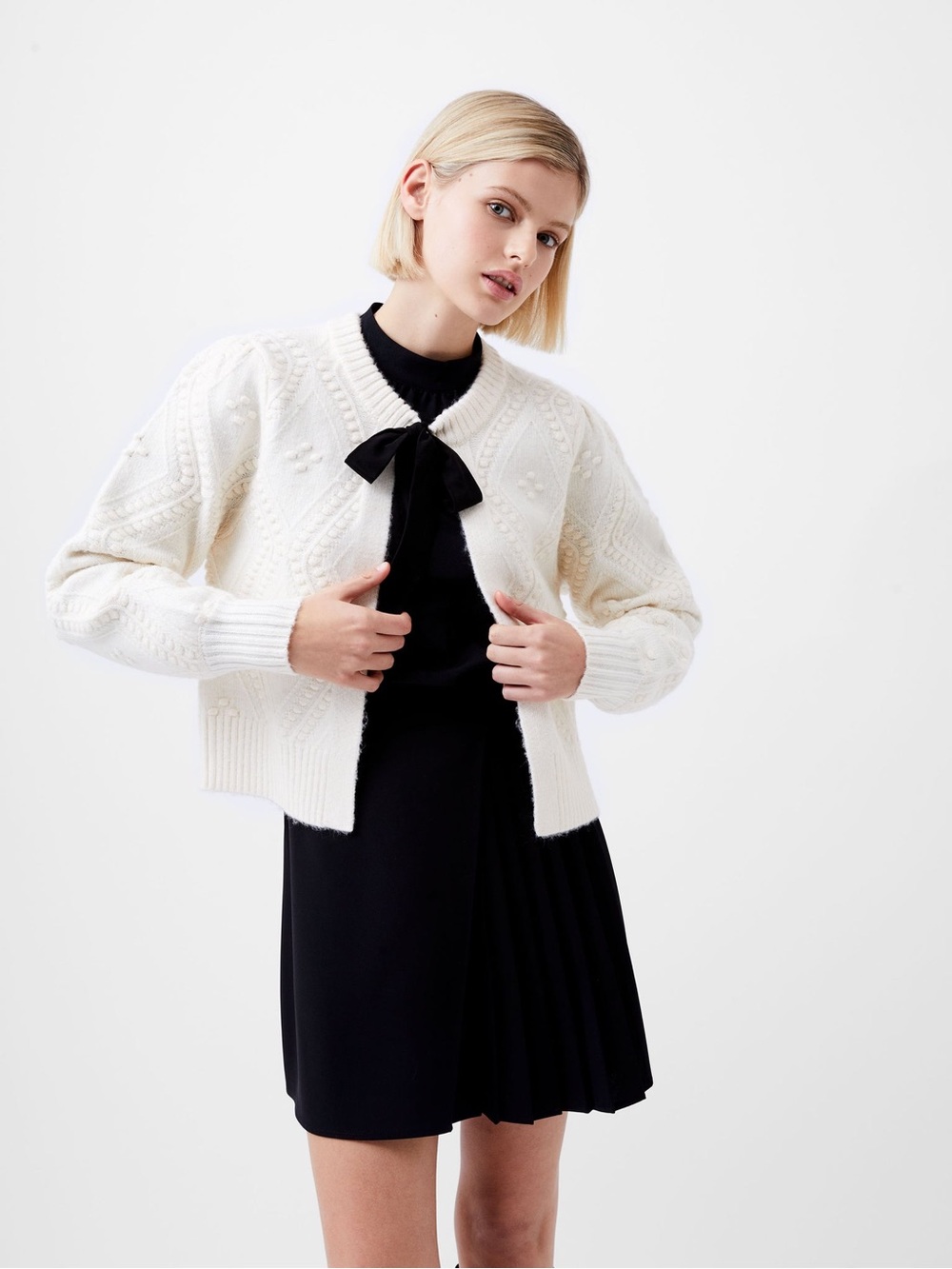 French Connection Winter White Bobble Bow Cardigan